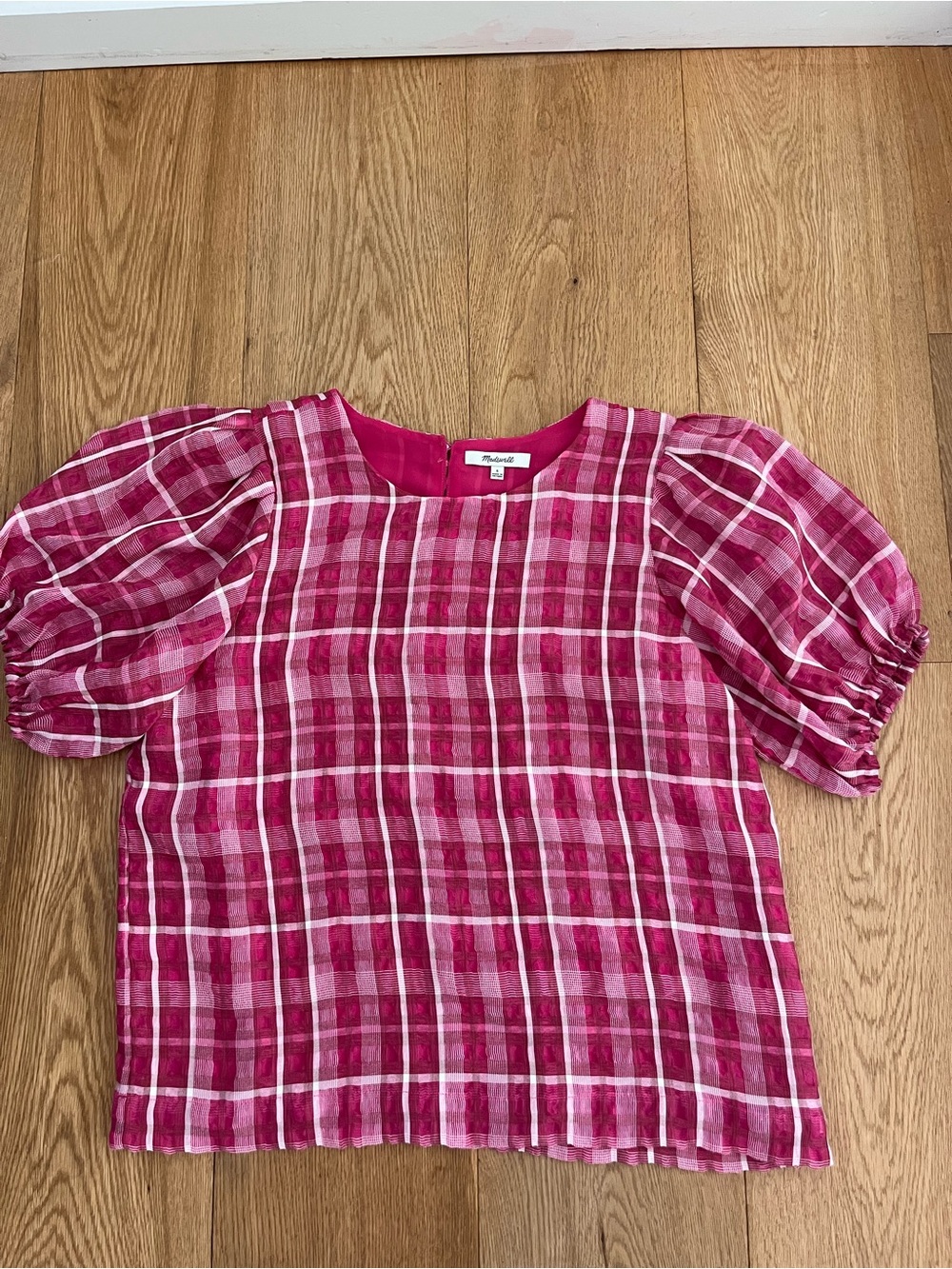 Madewell Pink Plaid Puff-Sleeve Blouse